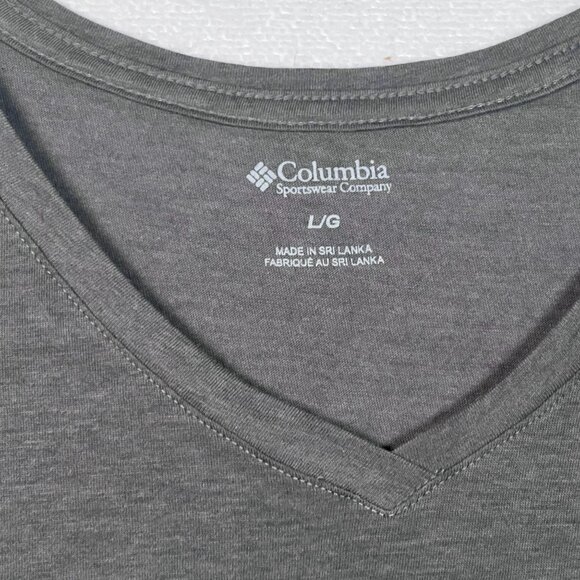 Columbia Womens LG "Outdoors Is For Everyone" Grey V-Neck Tee NWT - Picture 2 of 11